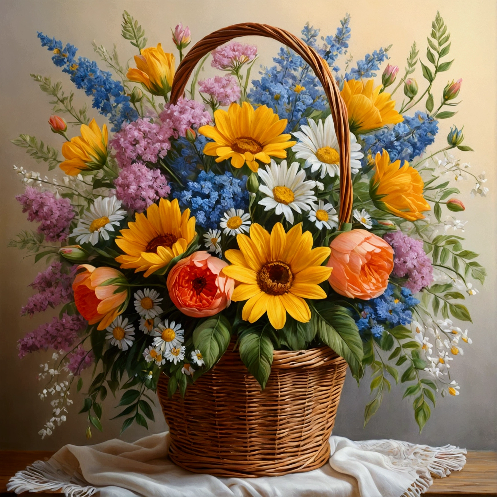 Flower Basket Painting, Pastel drawings by László Báro, Shutterstock, Fine art, oil in a modern style, digital art oil, realistic flowers oil, oil デジタル絵画, oil style, Still Life with Flowers, oil 4 k, oil 4k, oil. High resolution,1 round