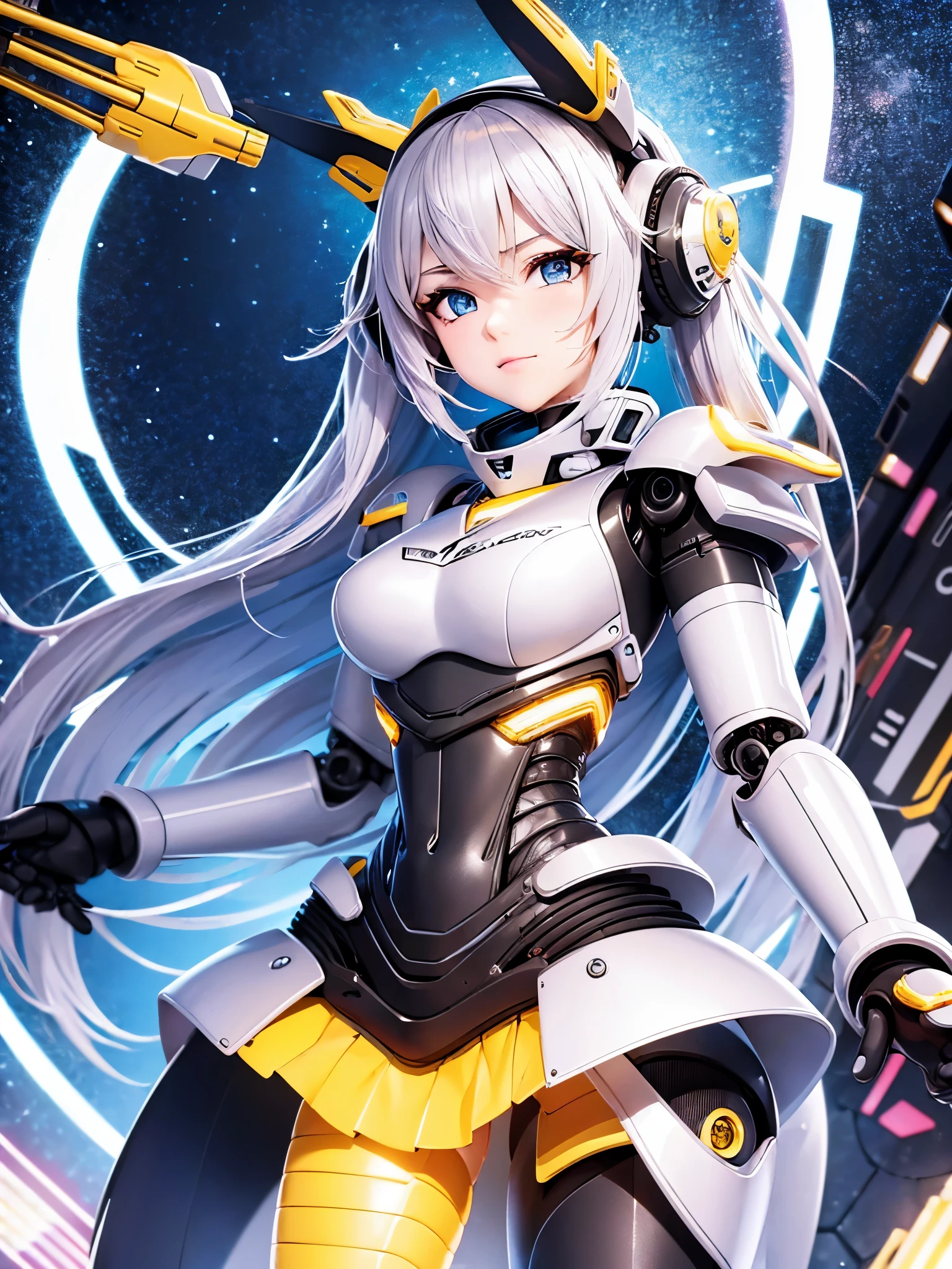 ((Highest quality)),(Ultra-high resolution),(Super detailed),(Detailed Description),((The best CG)),(masterpiece),Highly detailed art,(Art with precise detail:1.5), (Female Robot:1.6),(Beautiful and well-proportioned face:1.4),Bunny ear antenna:1.7,Actuator:1.5,(Clear parts:1.5),(skirt:1.6), Illumination:1.6