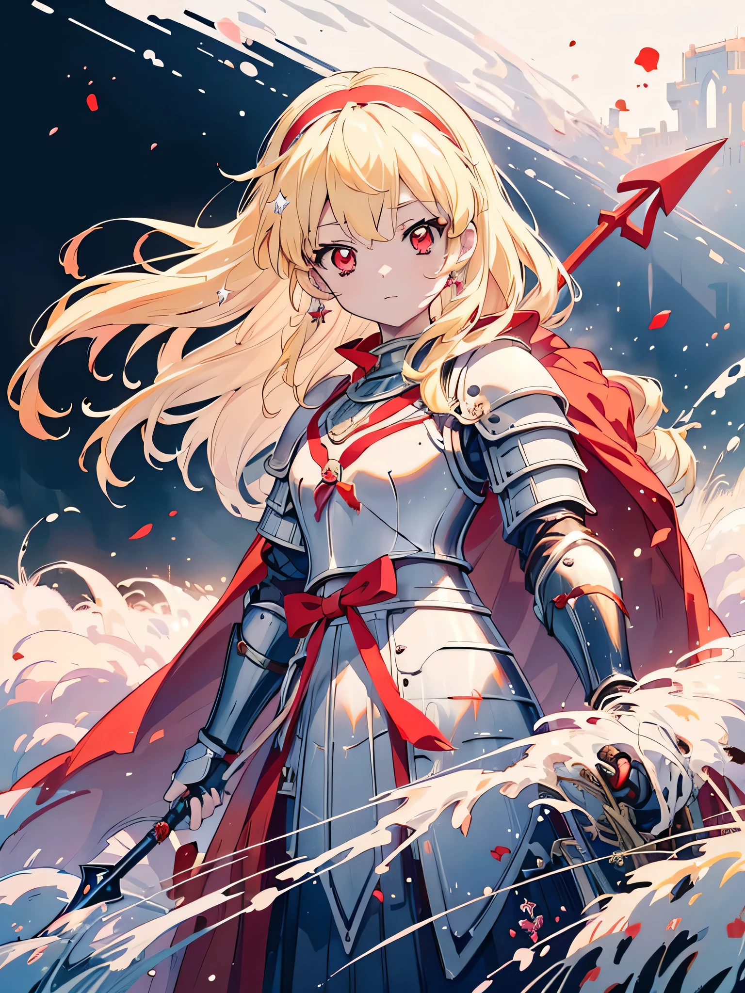 (RED Ribbon on HAIRband:1.2),(blonde hair :1.5),long hair,hair ornament,(((RED eyes))),(Anime Girl: 1.2), (Master Piece)), (Best Quality: 1.2), (8k Quality)), (Extremely Detailed Illustration)), (super fine Illustration)), an Extremely Delicate and Beautiful, Ultra High Resolution,fantasy,18 yo, cute face, kawaii,1 girl, solo,medium breasts,
(knight girl:1.5),(white diamond knight armor:1.5),((red cape)),weapon,(hand holding a trident:1.3),night,moon,castle town,outdoor:1.5,,Ichigo Hoshimiya (Aikatsu!),samurai,