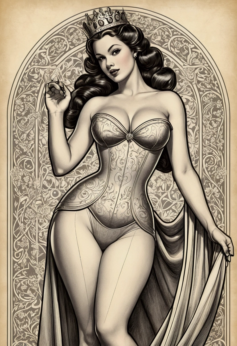 Create a detailed drawing in the classic pin-up style. Depict an attractive  medival princess, with emphasized feminine curves and clear lines. The woman should mastrubate, with a friendly and seductive facial expression. Pay attention to careful shading and the emphasis on details to capture the vintage look and aesthetics of the era
