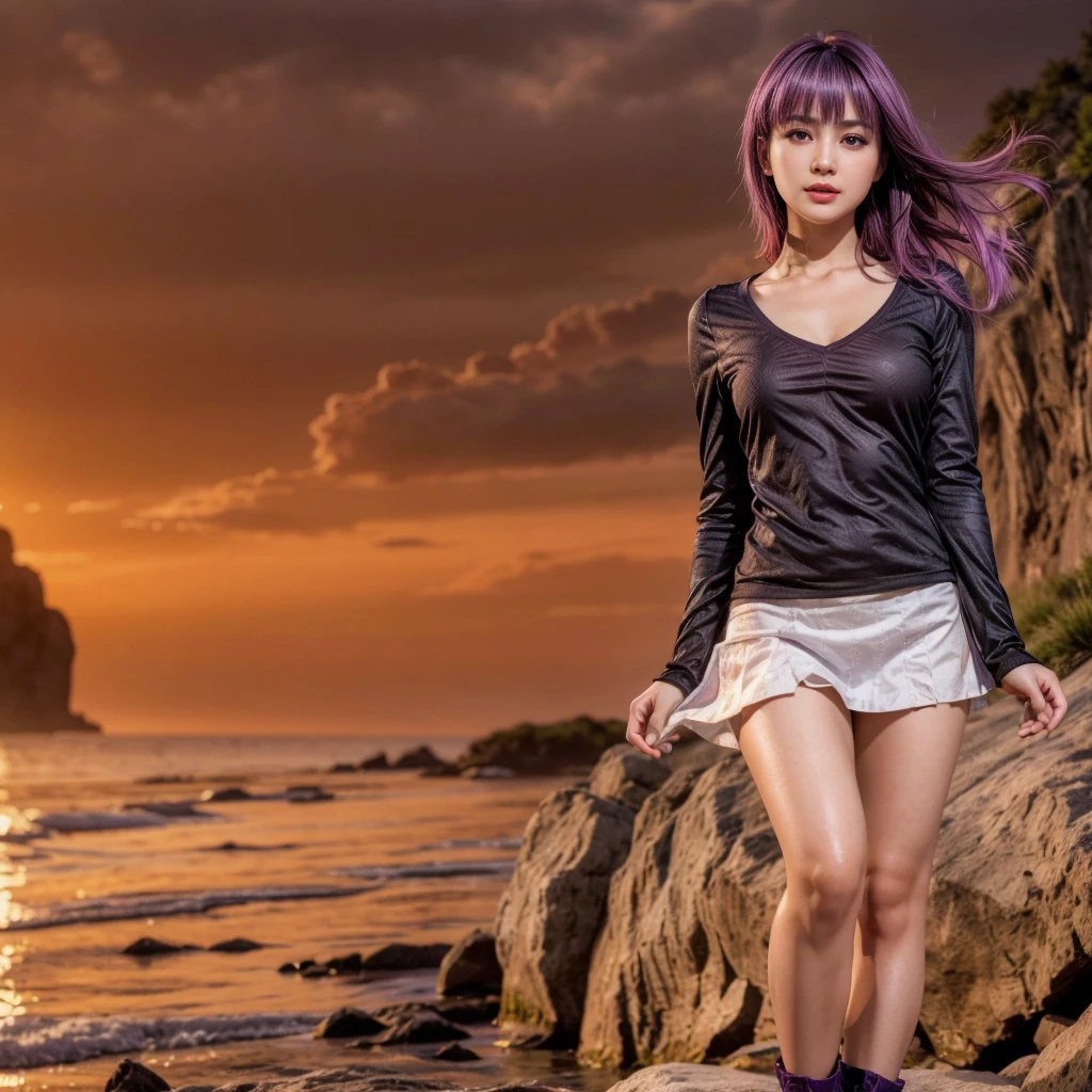 Ayane, cabelo roxo, (best qualityer, ultra detali), (realisitic:1.37), beautiful and detailed face, ultra-realisitic texture, 精致的面容, Delicate body, red lipgloss stick, long-lasting colors. High definition, 8k.