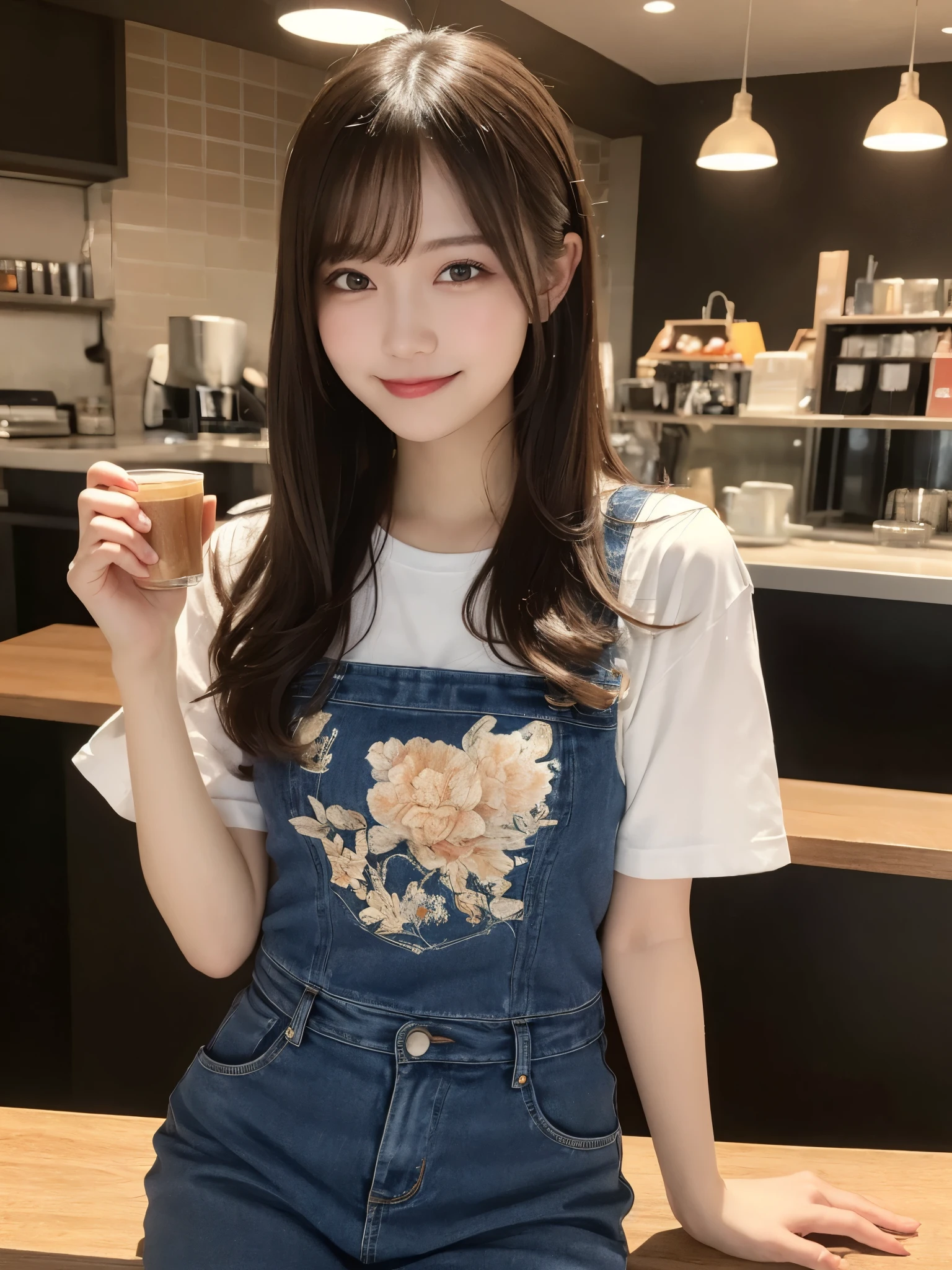 masterpiece, best quality, illustration, ultra-detailed, finely detailed, high resolution, 8K wallpaper, perfect dynamic composition, beautiful detailed eyes, cafe, casual clothing, long hair, relaxed pose, smile, looking at camera