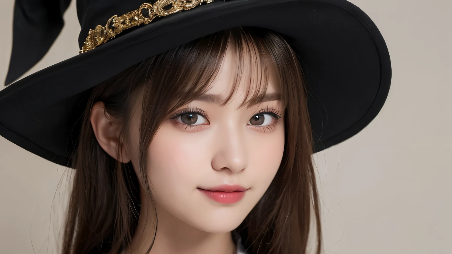 white background, half body portrait, bust shot, one girl, (a beauty girl, delicate girl:1.3), (20 years old:1.3), break, (witch costume, Witch hat, Witch clothes), break, (gates of hell:1.2), break, very fine eyes, (symmetrical eyes:1.3), break, small , brown eyes, parted bangs, brown hair, (smile), break, (eyes and faces with detailed:1.0), break, (masterpiece, best quality, ultra detailed, detailed face, 8k)