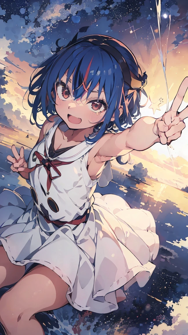 masterpiece, Highest quality, High resolution, Very detailed,(((Mikoto Naruhana Falling from the Sky))), (((Wearing a white dress。)))、(((smile))), (((Starry Sky))), Aerial, night, (((peace sign)))