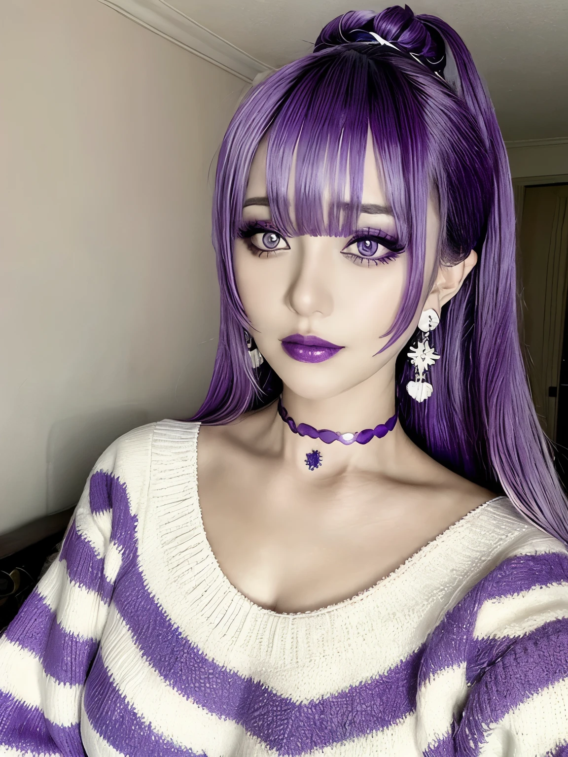1girl, purple fringe, purple lips, purple choker, purple sweater, white stripes, purple themed bedroom, breasts, purple earrings, purple necklace, purple eyeliner