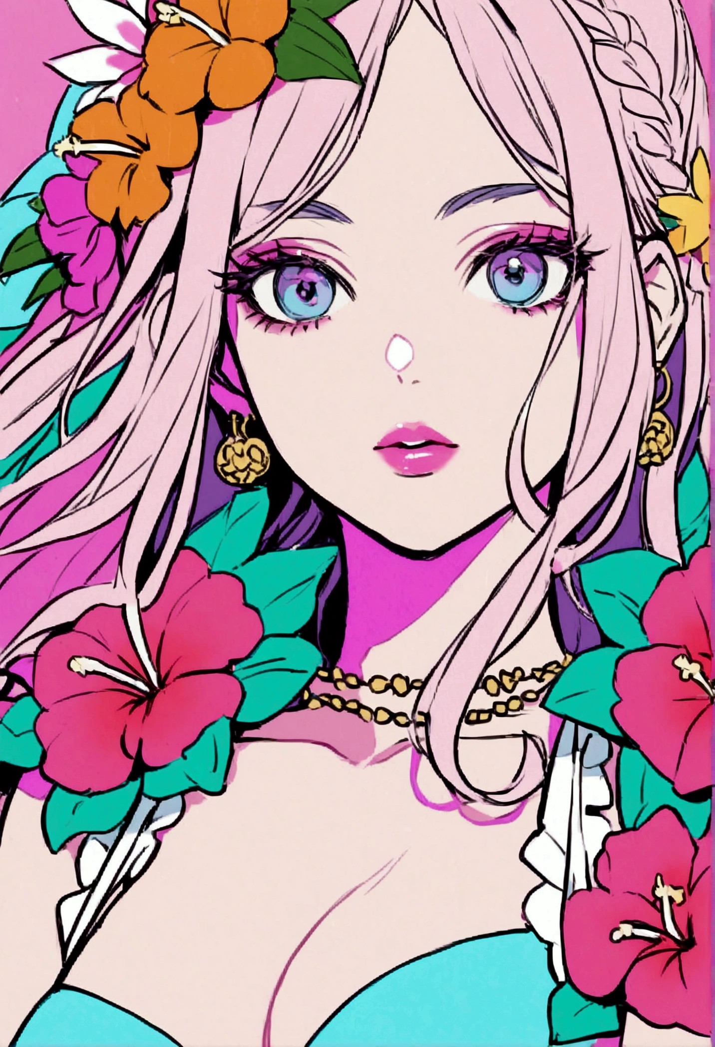 Summer Tropical Flowers Pink Sky Beach Woman Pop