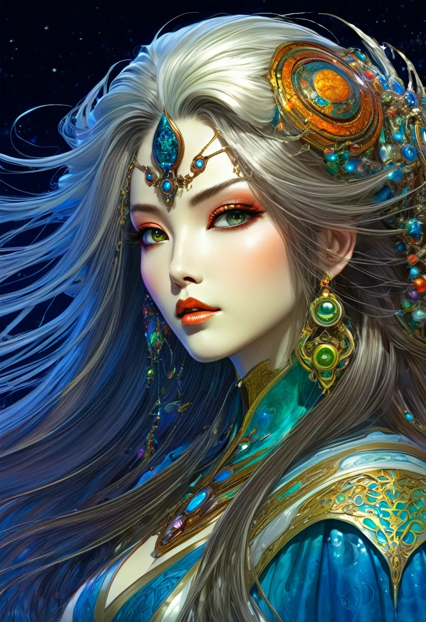 the Wizard of Magical Colors, mechanical priestess, Honky Tonk Girl, fantasy female, super long hair, beautiful expressive face, concept art, Raphaelite, Yoshitaka Amano