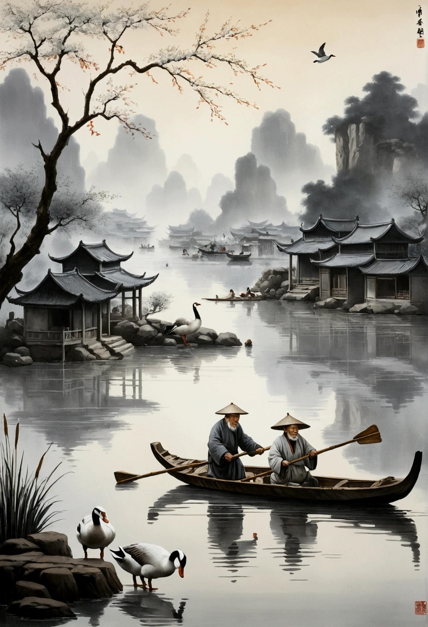 Chinese landscape painting, old man rowing, debtor crossing the river, three geese, market by the river, gray and white tones