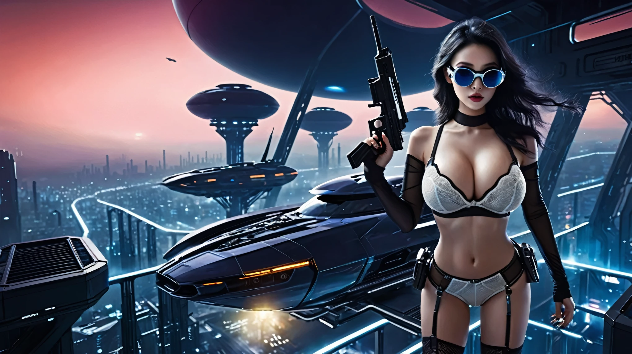 at night, ((a large-:1.2 lingerie slim:0.6 GIRL with black mini VR sunglasses)), ((holding a pistol)), aerial view of an ultra-futuristic megalopolis, tall metal buildings in dark colors from dark blue to black, shades of metal gray, smoky metal structures, industrial environment with fog around, dark cars on the streets, (flying vehicle), modern metal rails and trains passing through, ((futuristic space station)), realistic, detailed, sci-fi.