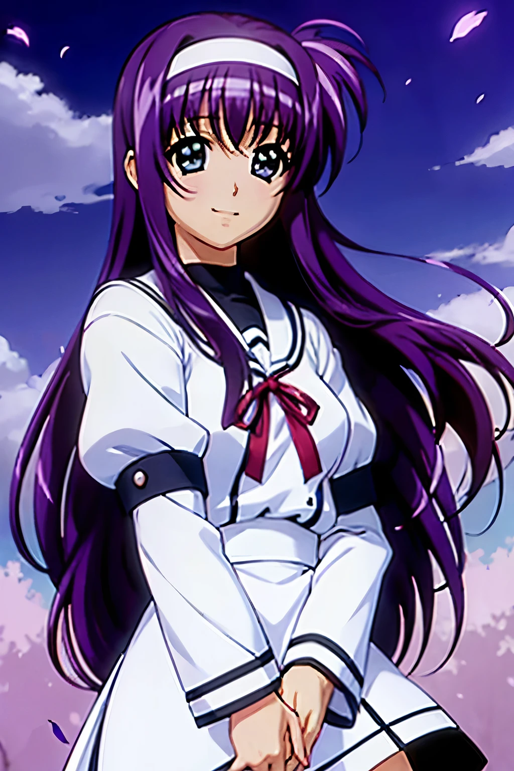 Suzuka Tsukimura、suzuka、"Magical Girl Lyrical Nanoha"、Purple Hair、long hair、hair band、Big Breasts、high school girl、Night Clan、uniform、A kind smile、Hands clasped behind back（（（ＳＦＷ、sound、Highest quality、first-clasasterpiece、Normal body、8k、Detailed face、Ultra-precision、Normal hand、Normal finger、５Finger、Highest）））