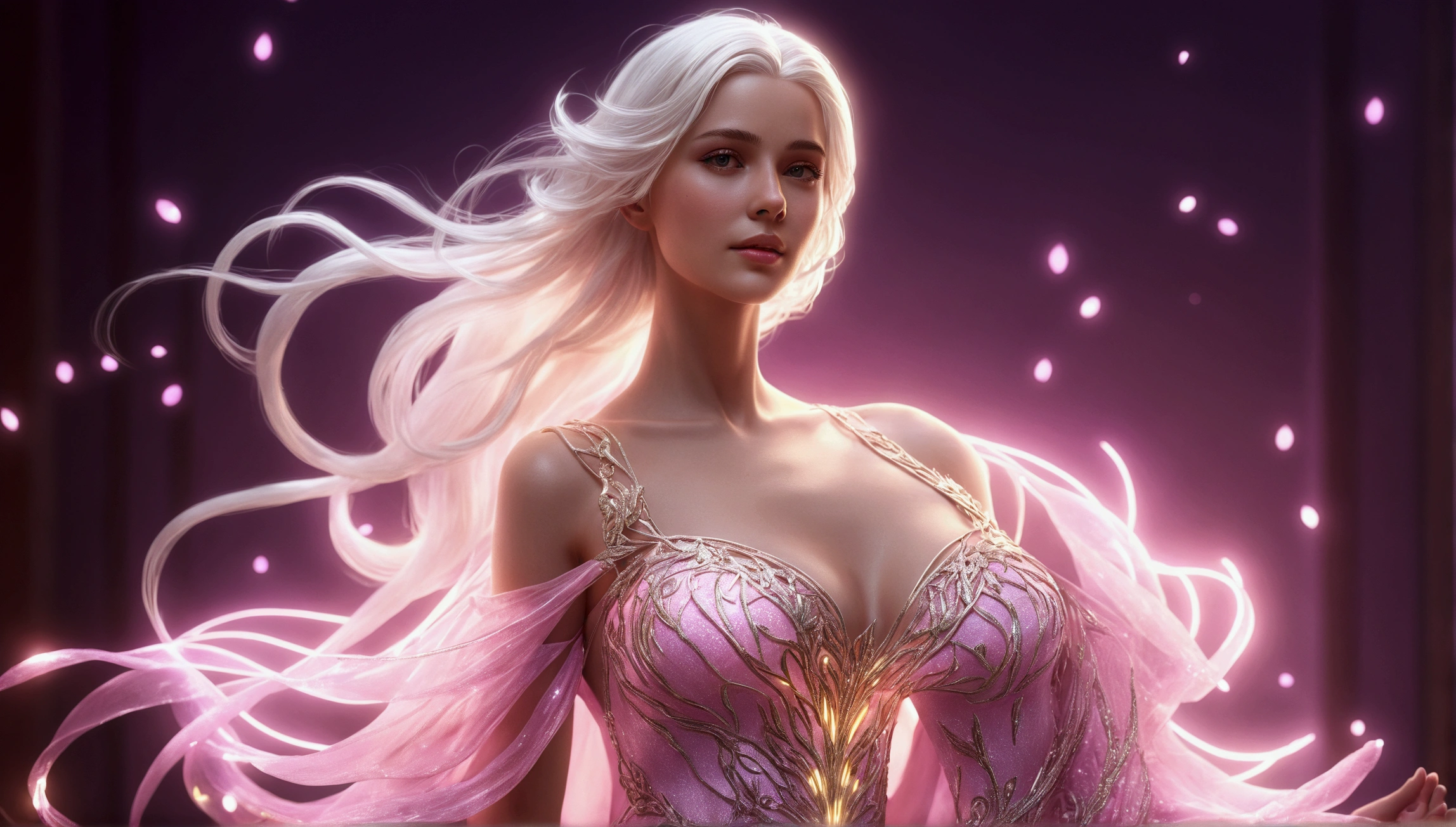 blond woman with white hair and glowing lights in a pink dress, beautiful digital artwork, fantasy gorgeous lighting, gorgeous digital art, stunning digital illustration, digital fantasy art ), 3 d render character art 8 k, a stunning young ethereal figure, 4k highly detailed digital art, ethereal fantasy, very beautiful digital art, beautiful digital art, fantasy digital art, digital fantasy art
