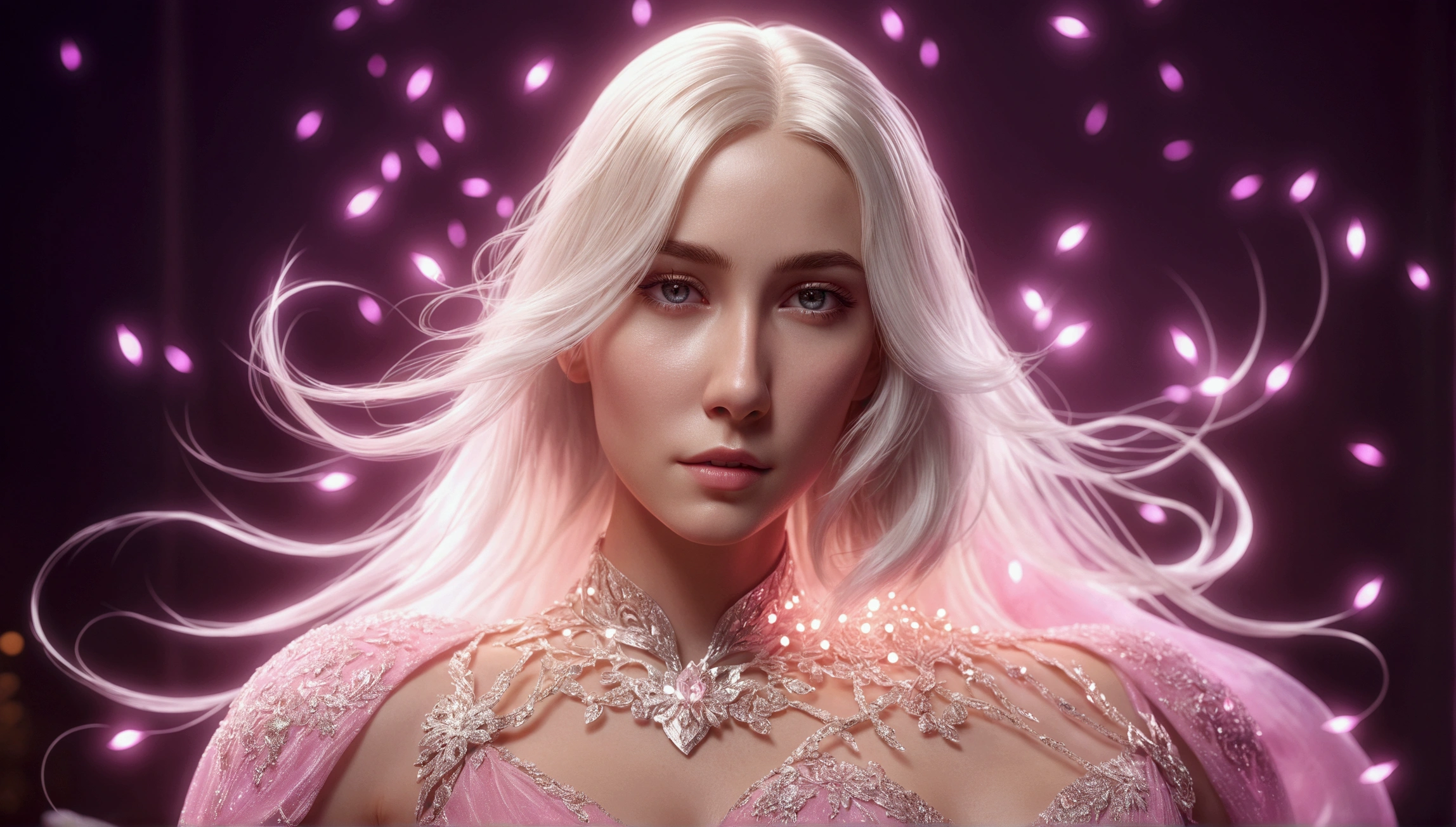 blond woman with white hair and glowing lights in a pink dress, beautiful digital artwork, fantasy gorgeous lighting, gorgeous digital art, stunning digital illustration, digital fantasy art ), 3 d render character art 8 k, a stunning young ethereal figure, 4k highly detailed digital art, ethereal fantasy, very beautiful digital art, beautiful digital art, fantasy digital art, digital fantasy art