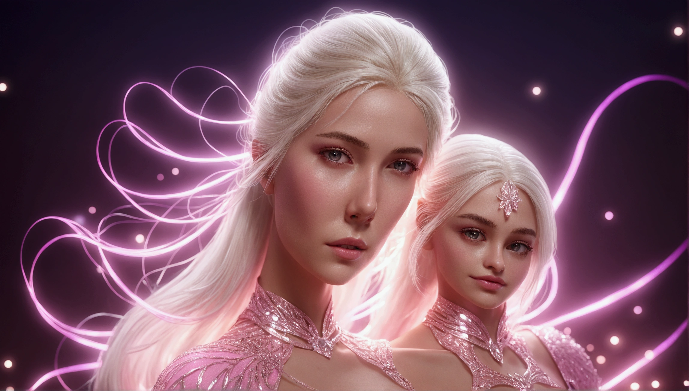 blond woman with white hair and glowing lights in a pink dress, beautiful digital artwork, fantasy gorgeous lighting, gorgeous digital art, stunning digital illustration, digital fantasy art ), 3 d render character art 8 k, a stunning young ethereal figure, 4k highly detailed digital art, ethereal fantasy, very beautiful digital art, beautiful digital art, fantasy digital art, digital fantasy art