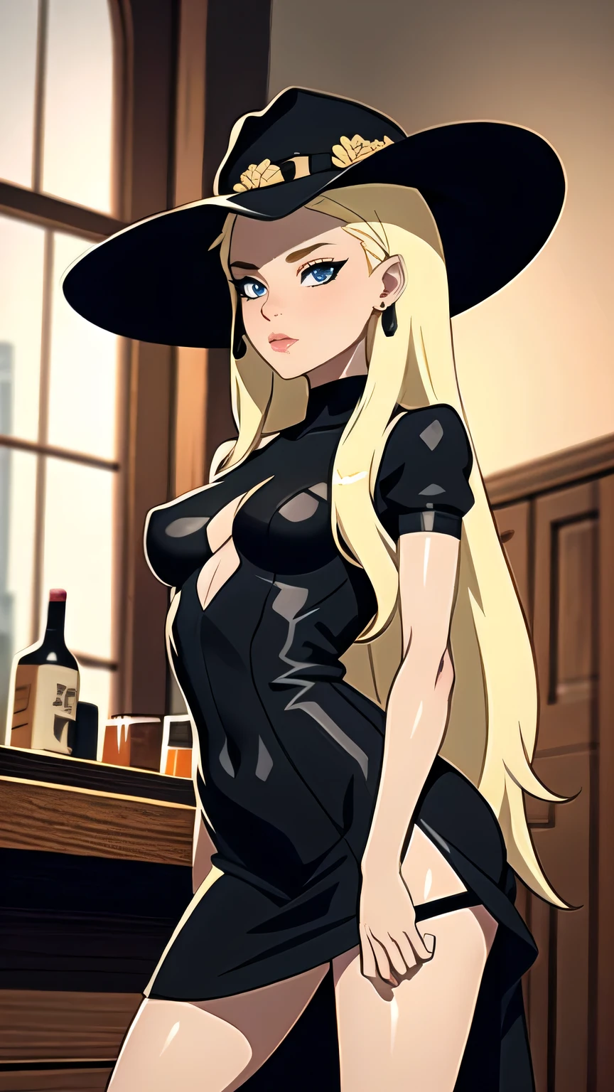 (cowboy shot), (masterpiece, best_quality, detailed, immaculate:1.3), epic, illustration,Anime Style
BREAK
ArtemisYJ,super long hair,Blonde Hair,makeup
extremely detailed clothing fabric(Black short dress) spaghetti string,extremely detailed dress ,small breast,earrings ,
BREAK
(Night, Bar, indoors,)