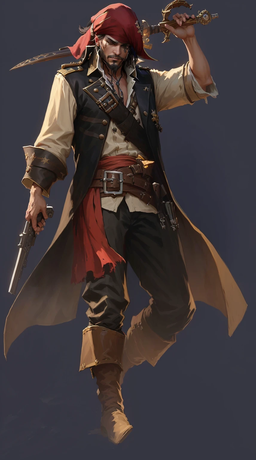 pirate with a gun and a hat and a long coat, swashbuckler class pirate, a pirate, pirate portrait, Sea of Thieves style, pirate, pirate captain, role playing game (RPG) concept art character, author:Yang J, Craig Mullins Style, Detailed character art, Carl Eugene Kiel (Carl Eugen Keel) of inspiration, role playing game角色艺术, portrait of a young , role playing game角色概念艺术