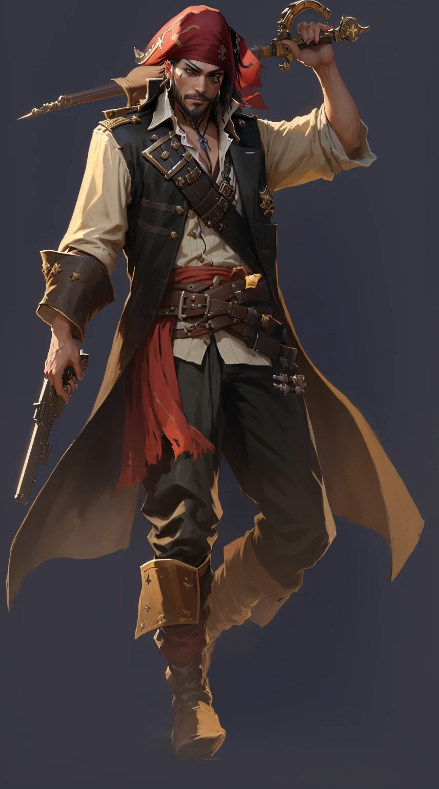 pirate with a gun and a hat and a long coat, swashbuckler class pirate, a pirate, pirate portrait, Sea of Thieves style, pirate, pirate captain, role playing game (RPG) concept art character, author:Yang J, Craig Mullins Style, Detailed character art, Carl Eugene Kiel (Carl Eugen Keel) of inspiration, role playing game角色艺术, portrait of a young , role playing game角色概念艺术
