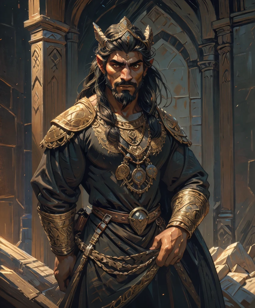  (((1boy))) (((Solo focus)))  Design an incredibly handsome male fantasy character in traditional dark, medieval fantasy attire.  He looks Arabic.  Looks Middle Eastern.  (((Very sexy male ethnic features.)))  Long black hair in unique and memorable style.  Powerful stare.  gothic art, Dungeons & Dragons character portrait, intricate details, ultra detailed, ultra detailed clothes, ultra epic masterpiece, ultra detailed, intricate details, award winning, fantasy art concept masterpiece, trending on Artstation, digital art, unreal engine, 8k, ultra HD, centered image masterpiece:1.2, photorealistic:1.2, girl focus, volumetric lighting, glossy skin, shiny skin, 