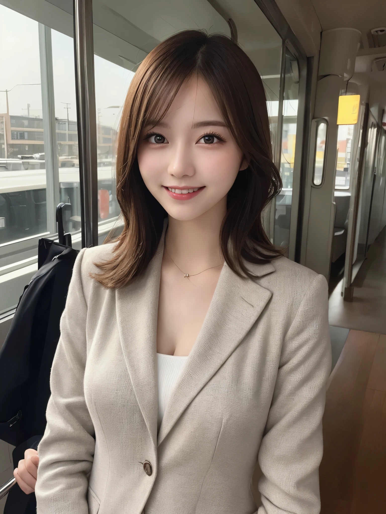 masterpiece, best quality, illustration, ultra-detailed, finely detailed, high resolution, 8K wallpaper, perfect dynamic composition, beautiful detailed eyes, commuting, business attire, medium hair, small breasts, professional pose, smile, looking at camera