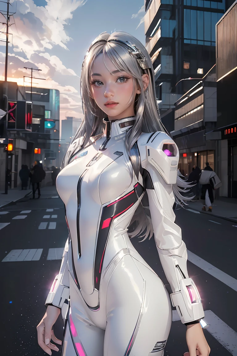 ((masterpiece, best quality, extremely detailed), volumetric lighting, ambient occlusion, colorful, glowing),
1girl, solo, young girl, (silver hair), long hair, halo, aura, sacred, goddess, cyber suit, (white outfit:1.3),
outdoors, sunset, sky, clouds, space, (cyberpunk theme:1.2),