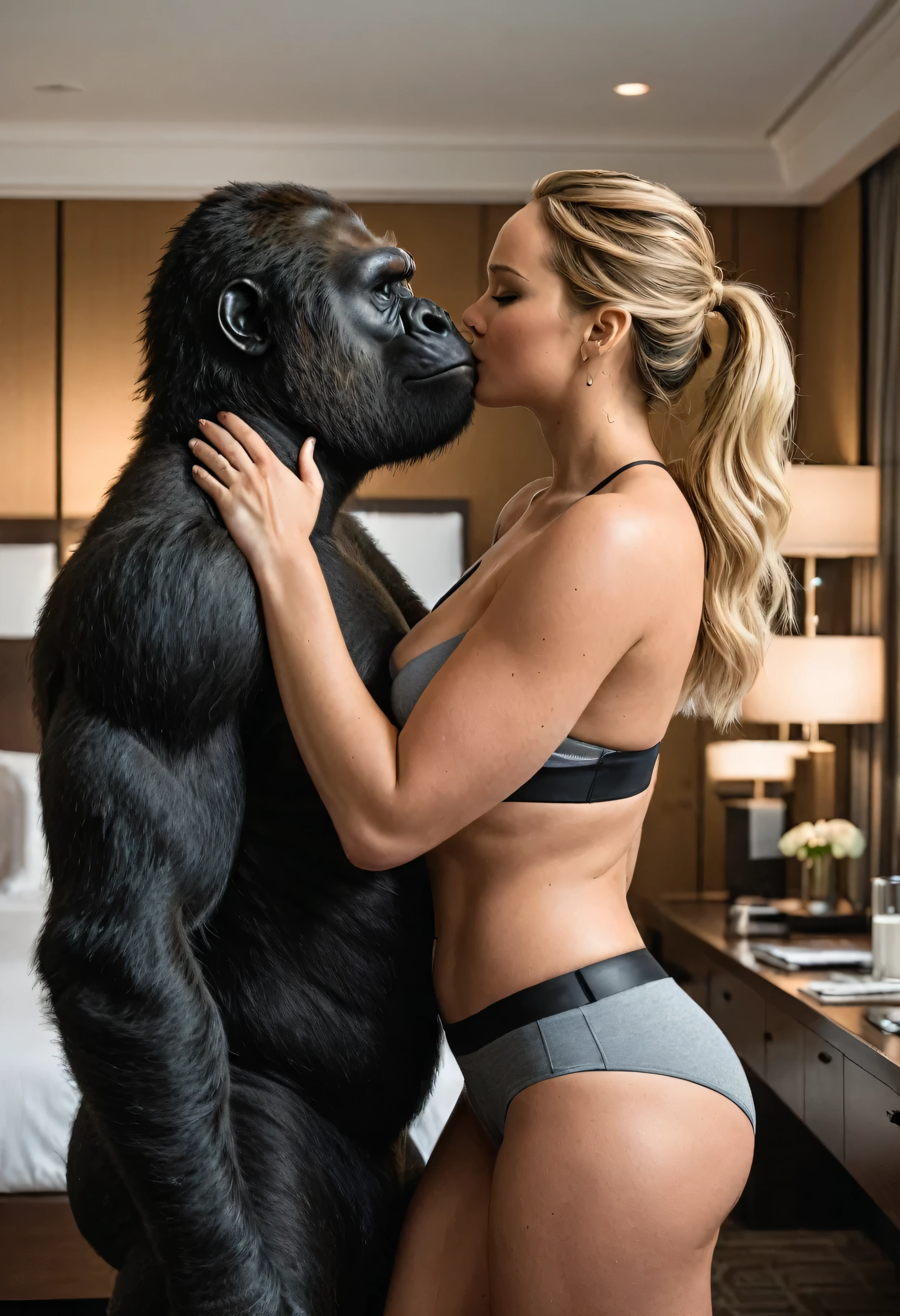 Full body of Voluptuous Jennifer Lawrence kissing her muscle gorilla 🦍 at the hotel room, best quality, high detailed, detailed,faces,2d