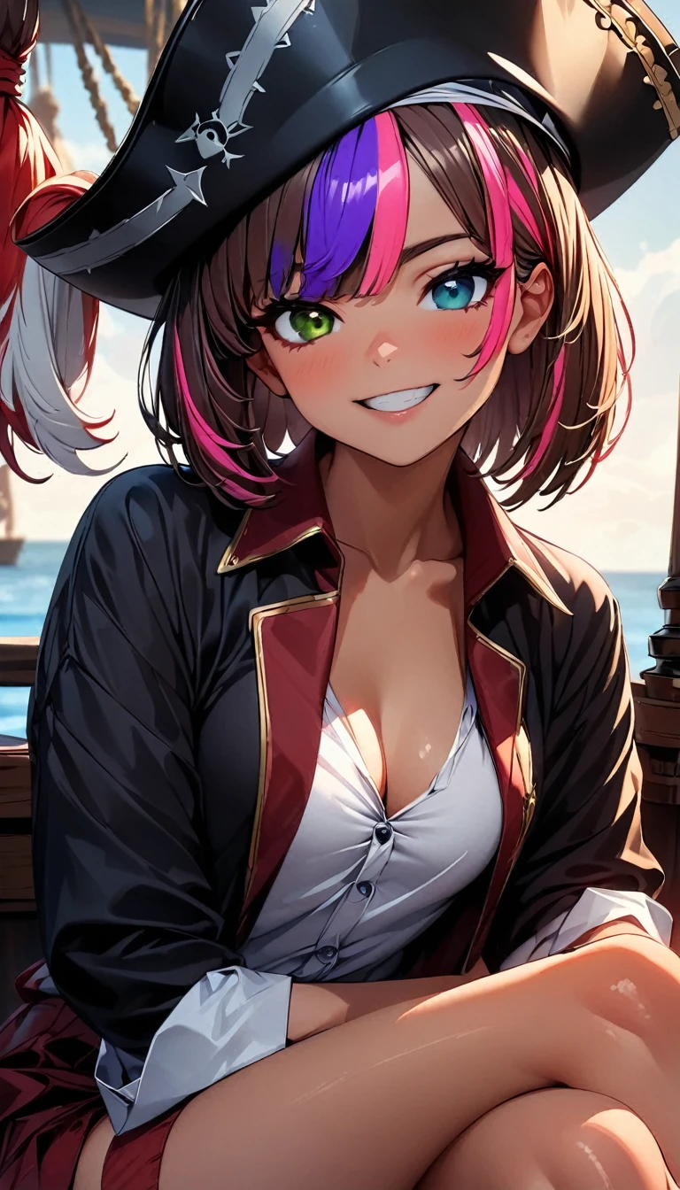 (highest quality:1.2, Very detailed, up to date, Vibrant, Ultra-high resolution, High Contrast, masterpiece:1.2, highest quality, Best aesthetics), Portraiture、girl、solo, (25-years-old:1), (slim:1), heterrochromia, green eye, red eye, Bright color,(female pirate:1), wearing sexy pirate costume, Jack Sparrow Style, wearing pirate hat, proud, grinning, cross-legged, on the ship, with a pirate ship, Beautiful fine details、Beautiful lip detail、extra short hair, ((bob cut:1.5))、pink and purple, ((streaked hair:1.9)), (highlights hair: 1.6), (medium breast:0.5), (tan skin:0.5), looking at viewer, cowboy shot:1,
