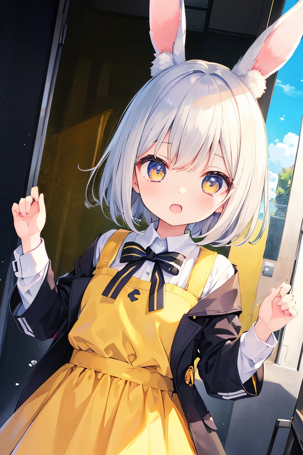 Yellow kindergarten uniform、Yellow smock、Bunny girl、Rabbit ears、Very beautiful and Shining Eyes、Shining Eyes、1 girl、Small breasts、Big Mouth、high school girl、Small breasts、Transparent silver short hair、