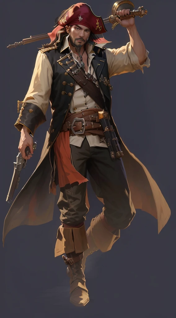 pirate with a gun and a hat and a long coat, swashbuckler class pirate, a pirate, pirate portrait, Sea of Thieves style, pirate, captain, role playing game (RPG) concept art character, author:Yang J, Craig Mullins Style, Detailed character art, Carl Eugene Kiel (Carl Eugen Keel) of inspiration, role playing game角色艺术, portrait of a young , role playing game角色概念艺术