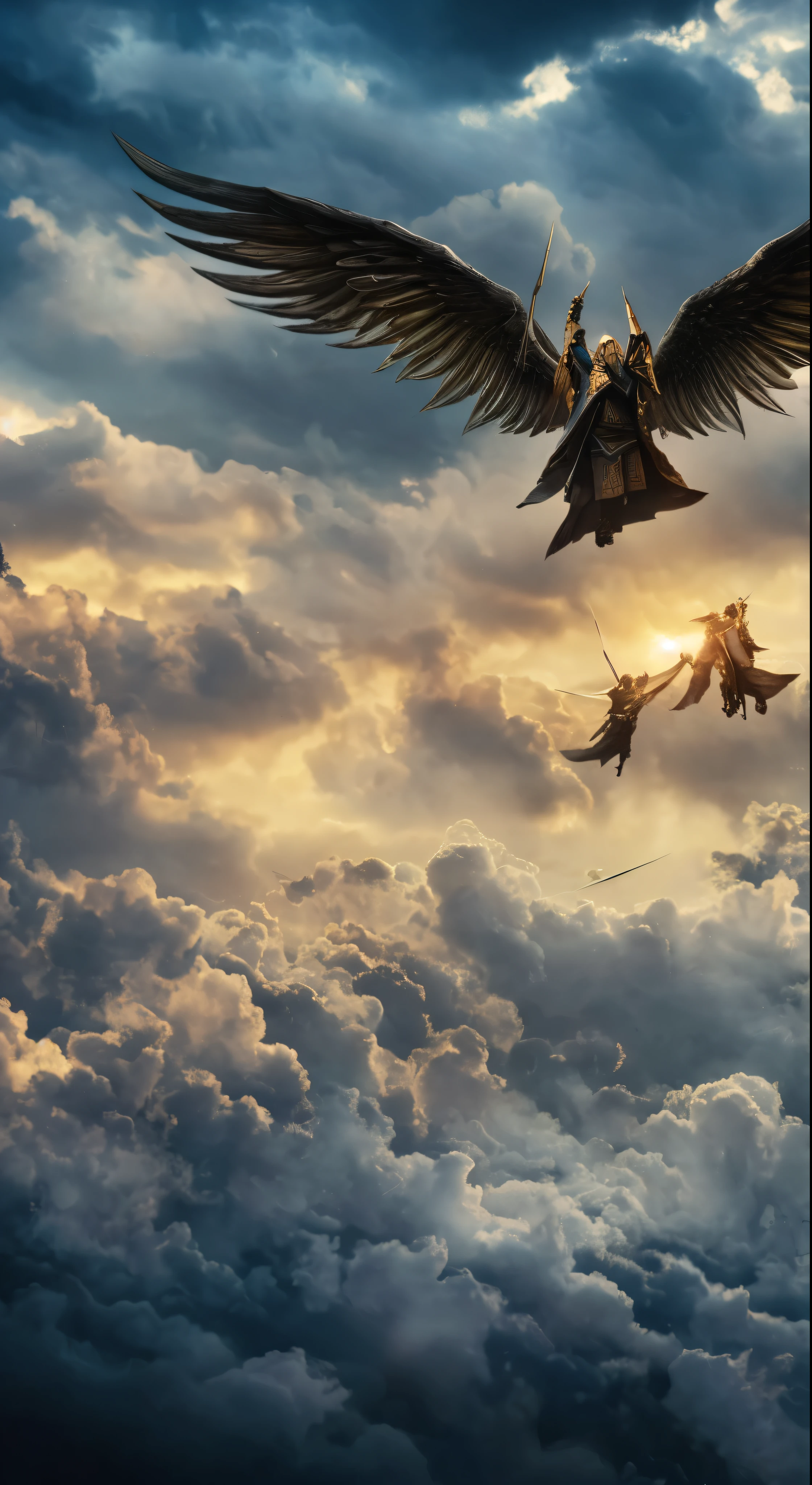 The Horde of Male Celestial Angels Descending from the Sky, realistic epic, soft cinematic portrait, Adobe Lightroom, Photo Lab, highly detailed, faded, (neutral colors: 1.2), (HDR: 1.4), (soft colors:1.2), hyperdetailed, (Artstation:1.4), cinematic, warm lights, dramatic light, (intricate details:1.1), complex background, (Rutkowski:0.66), (blue and orange:0.4)