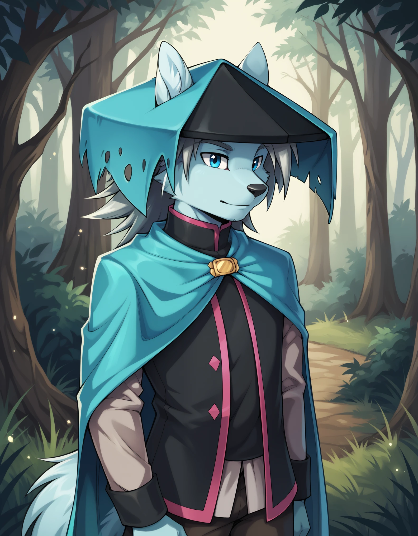 score_9, score_8_up, score_7_up, score_6_up, (du57aet, anthro, tail), ((male focus, 1boy, solo)), male, half-length portrait, blue eyes, hat, cape, vest,  forest background 