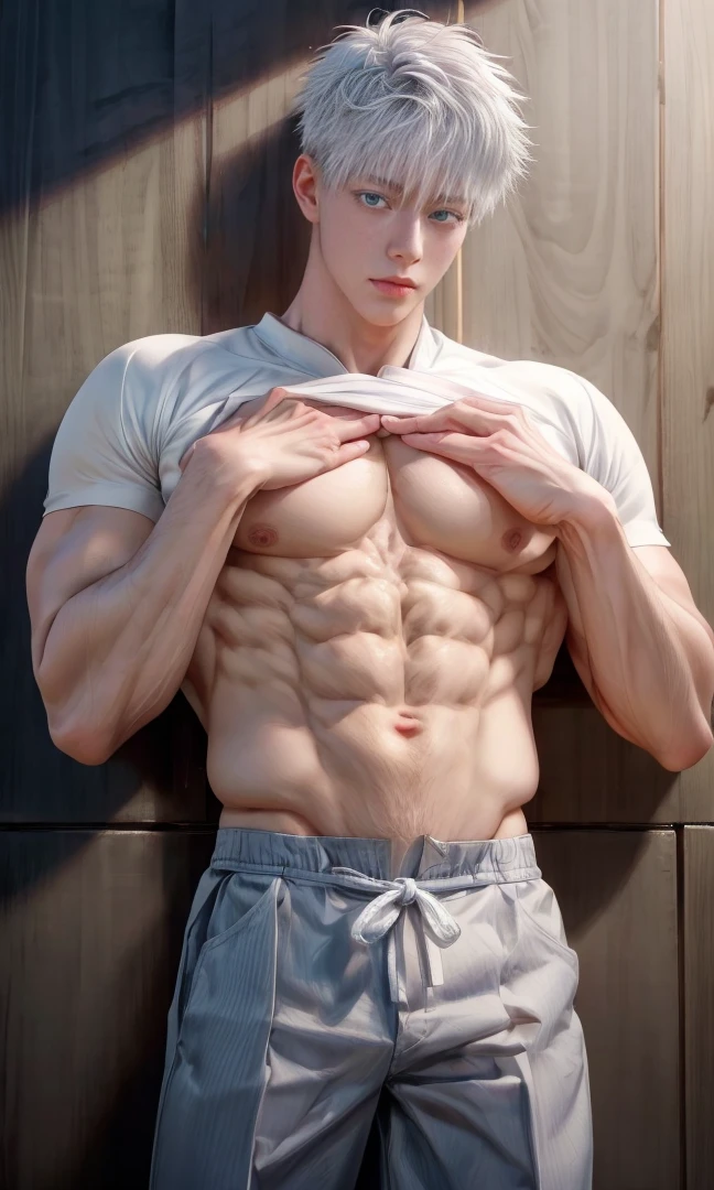 1 male, high resolution 8k, adult, handsome, perfect face detail, detailed eyes and face, clean shaved, sixpack realistic, white eyebrow hair, white eyelashes, dynamic lighting, unreal engine, hd picture, satoru gojo, Jujutsu kaisen, white hair, short hair ,hair between eyes ,blue eyes, white skin, shy