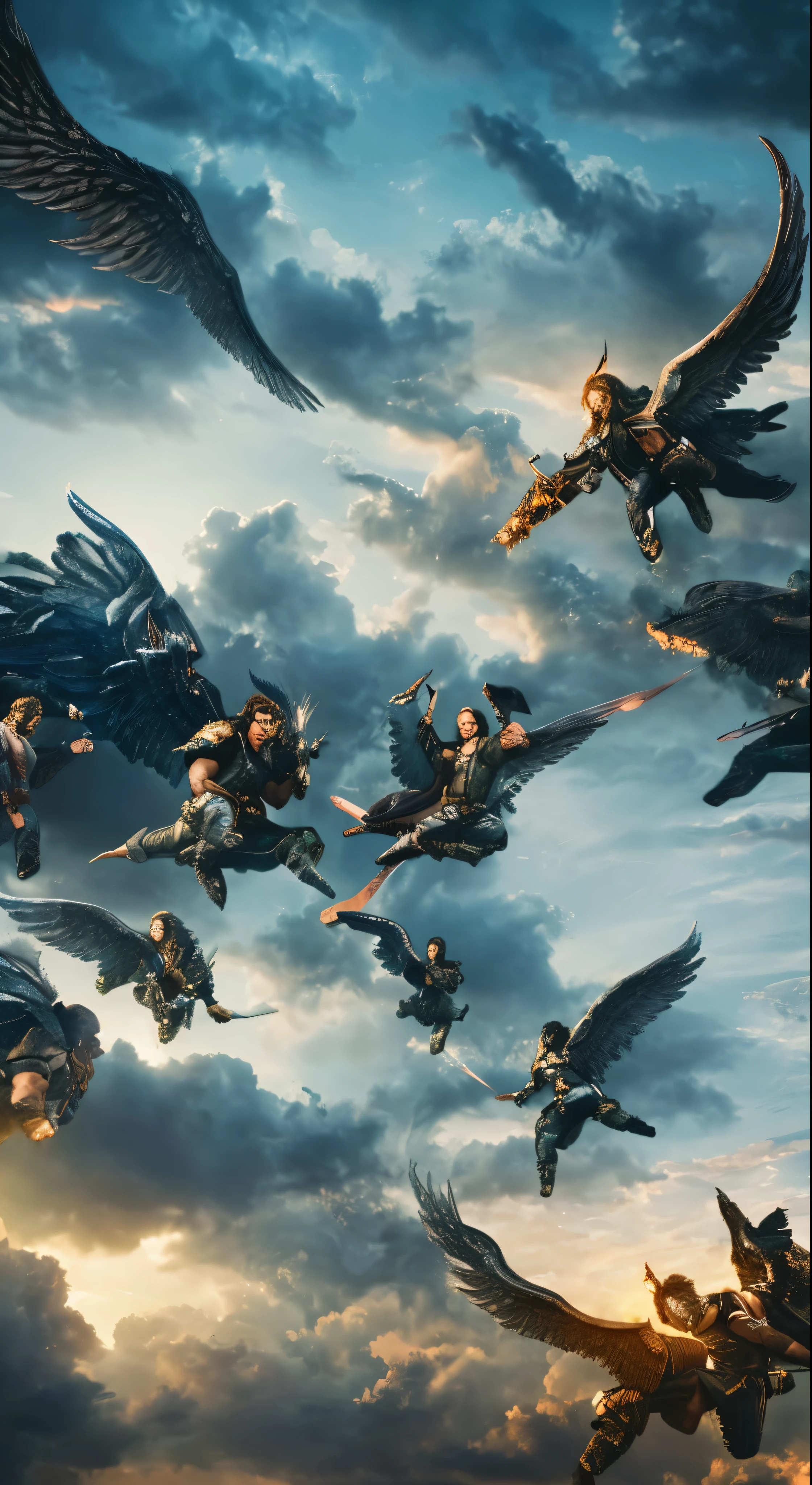 The Horde of Male Celestial Angels Descending from the Sky, realistic epic, soft cinematic portrait, Adobe Lightroom, Photo Lab, highly detailed, faded, (neutral colors: 1.2), (HDR: 1.4), (soft colors:1.2), hyperdetailed, (Artstation:1.4), cinematic, warm lights, dramatic light, (intricate details:1.1), complex background, (Rutkowski:0.66), (blue and orange:0.4)