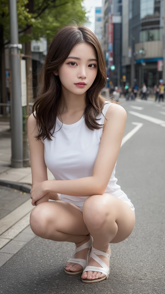 In detail, High resolution, high quality、Perfect dynamic composition, Beautiful attention to detail, Medium Hair, Natural color lip,Shibuya Ward、20-year-old girl、1 person、Clear Skin、Shiny Hair, 最high quality, Very detailed, In detail, High resolution, 8k、The correct state of the human body、squat、Sculpture model pose,Hair dancing in the wind