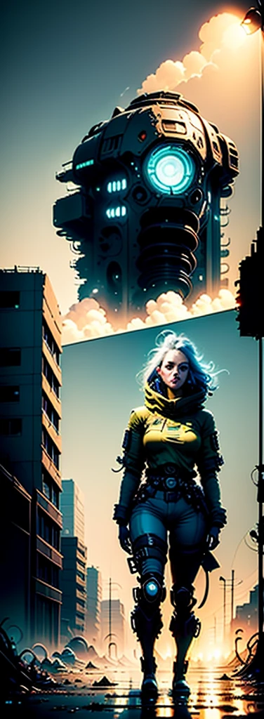 ((Broad perspectives)),(((Wasteland))),(Dilapidated streets),(((A woman stands in front of a huge mechanical wreckage))),(Dim light),(Broken bridge),rebar,(((Sky light rail car))),Scattered wires,electric sparks,Tattered future vehicles,Garbage heap,((Stagnant water in the big beach)),Stones,((Dense weeds)),(Dense dust smoke),((Ruined neon signs)),Thick clouds,((nighttime scene)),high qulity,(super-fine),(The light is detailed),Detailed pubic hair,Accurate,16K resolution,Works of masters,(light),(cyber punk style),dynamic viewing angle
