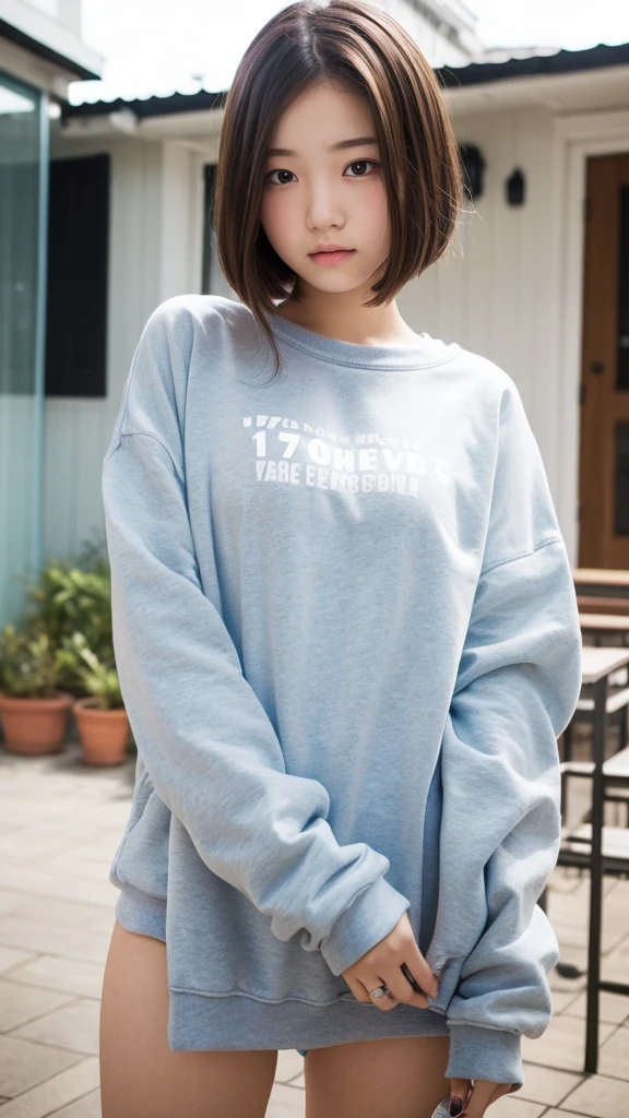 Student girl 17-year-old Hairstyle Casual, wearing sweatshirt and no pants at house