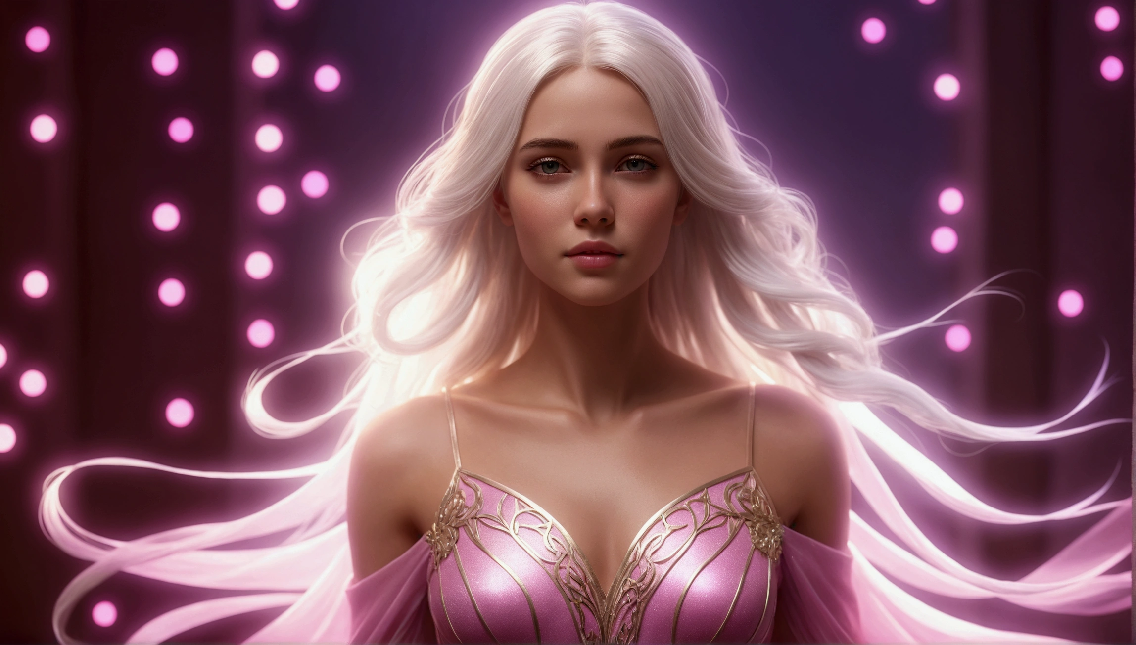 blond woman with white hair and glowing lights in a pink dress, beautiful digital artwork, fantasy gorgeous lighting, gorgeous digital art, stunning digital illustration, digital fantasy art ), 3 d render character art 8 k, a stunning young ethereal figure, 4k highly detailed digital art, ethereal fantasy, very beautiful digital art, beautiful digital art, fantasy digital art, digital fantasy art
