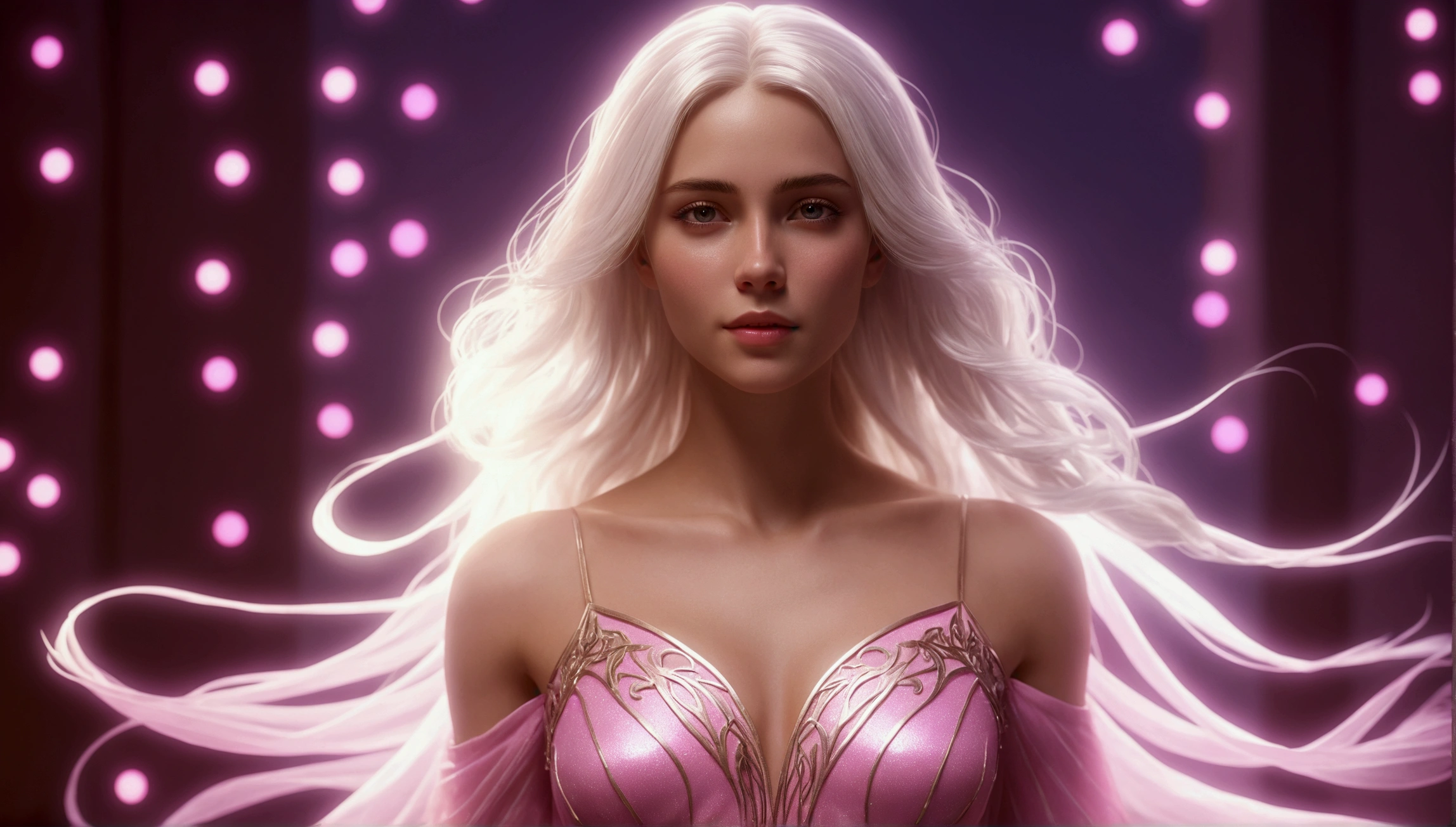 blond woman with white hair and glowing lights in a pink dress, beautiful digital artwork, fantasy gorgeous lighting, gorgeous digital art, stunning digital illustration, digital fantasy art ), 3 d render character art 8 k, a stunning young ethereal figure, 4k highly detailed digital art, ethereal fantasy, very beautiful digital art, beautiful digital art, fantasy digital art, digital fantasy art