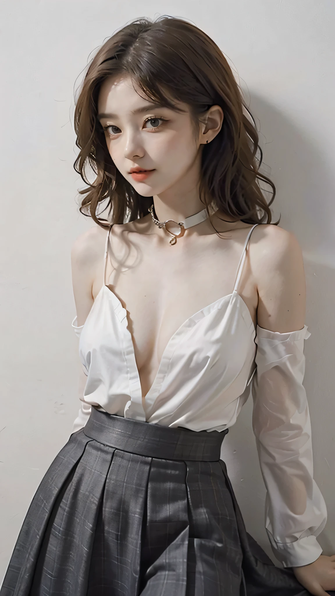 detailed background, masterpiece, best quality, 1 person , curly hair, long hair, purple eyes, star in eye , gray Straplessblouse, long  skirt,collar bone