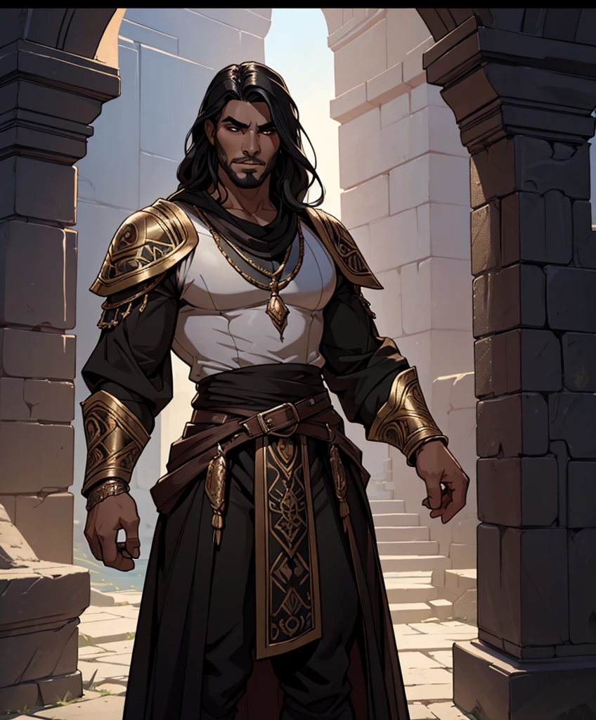 (((1boy))) (((Solo focus))) Design an incredibly handsome male fantasy character in traditional dark, medieval fantasy attire. He looks Arabic. Looks Middle Eastern. (((Very sexy male ethnic features.))) Long black hair in unique and memorable style. Powerful stare. gothic art, Dungeons & Dragons character portrait, intricate details, ultra detailed, ultra detailed clothes, ultra epic masterpiece, ultra detailed, intricate details, award winning, fantasy art concept masterpiece, trending on Artstation, digital art, unreal engine, 8k, ultra HD, centered image masterpiece:1.2, photorealistic:1.2, girl focus, volumetric lighting, glossy skin, shiny skin,