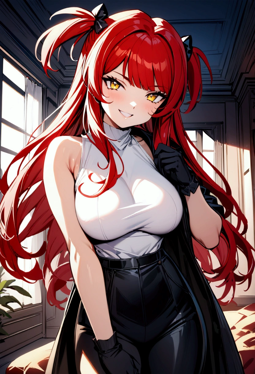 masterpiece, best quality 1girl, solo, beautiful woman, messy bangs, red hair, long hair, hair two side up by black bows , yellow eyes, grin, large breasts, white tank top, black coat, figureless black gloves, black pants, fantasy looking at viewer, room background

