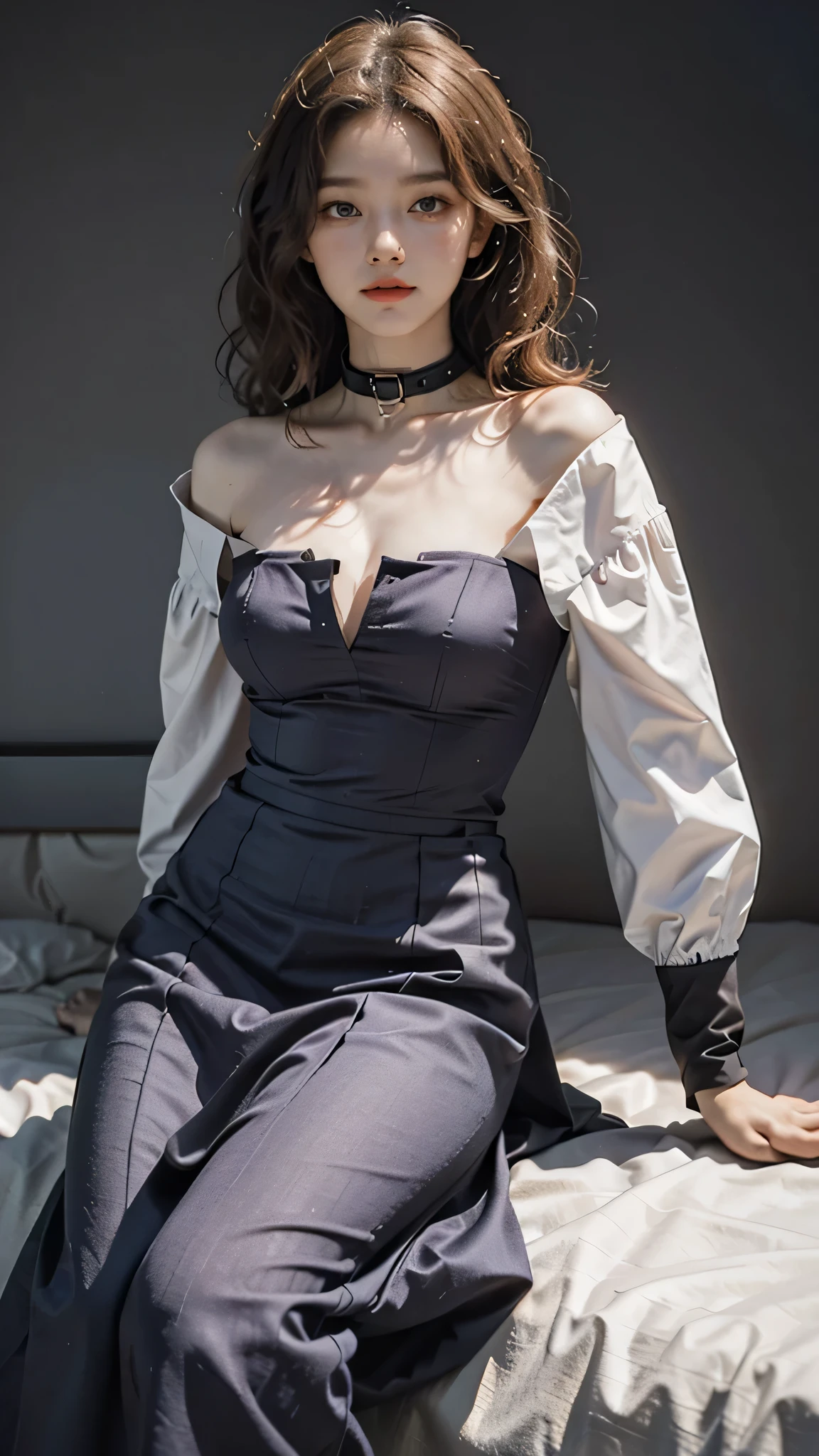 detailed background, masterpiece, best quality, 1 person , curly hair, long hair, purple eyes, star in eye , gray Straplessblouse, long  skirt,collar bone