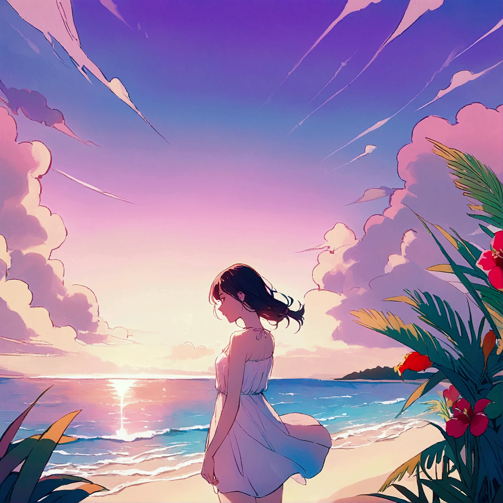 Summer, tropical flowers, pink sky, beach, woman, pop, light touch, pale light