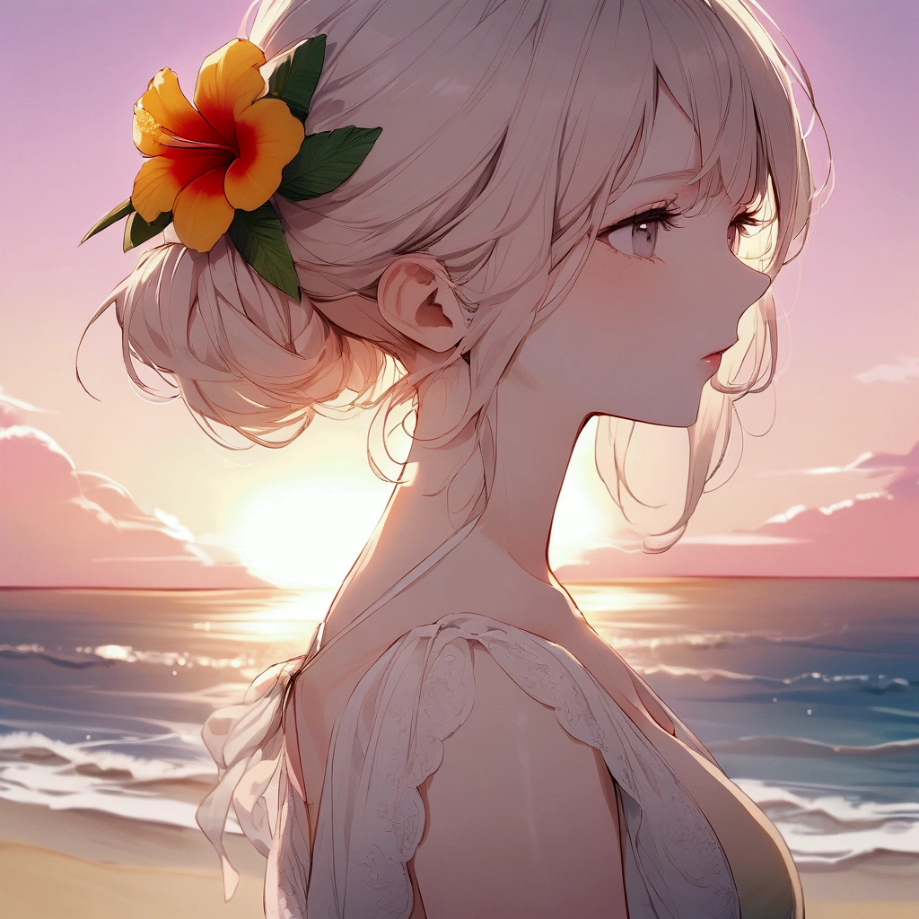 Summer, tropical flowers, pink sky, beach, woman, pop, light touch, pale light