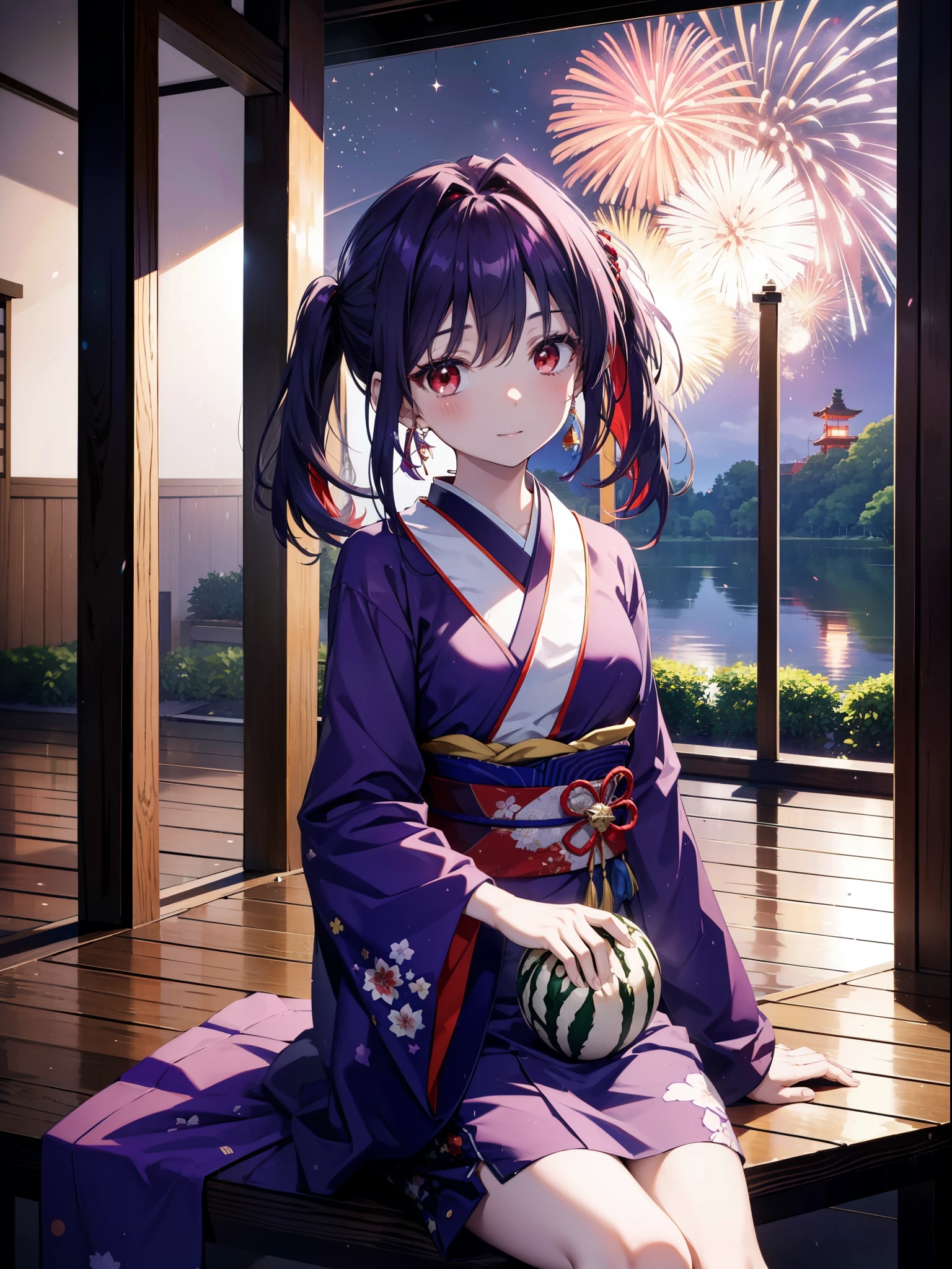 yuukikonno, Yuuki Konno, hair band, Long Hair, Pointed Ears, Purple Hair, Ahoge,(Red eyes:1.5), (Small breasts:1.2),low twin tail,smile,blush,Open your mouth,Purple Kimono,Purple long skirt,Fireworks in the night sky,Fireworks,The place is a fireworks display,Time is night,sunny day,Sitting on a bench,Red watermelon cut into triangles placed on a bench,Wind Chimes,whole bodyがイラストに入るよう,
break looking at viewer, , whole body, (Cowboy Shot:1. 5)
break indoors, Veranda,Japanese garden,
break (masterpiece:1.2), Highest quality, High resolution, unity 8k wallpaper, (figure:0.8), (Beautiful attention to detail:1.6), Highly detailed face, Perfect lighting, Highly detailed CG, (Perfect hands, Perfect Anatomy),