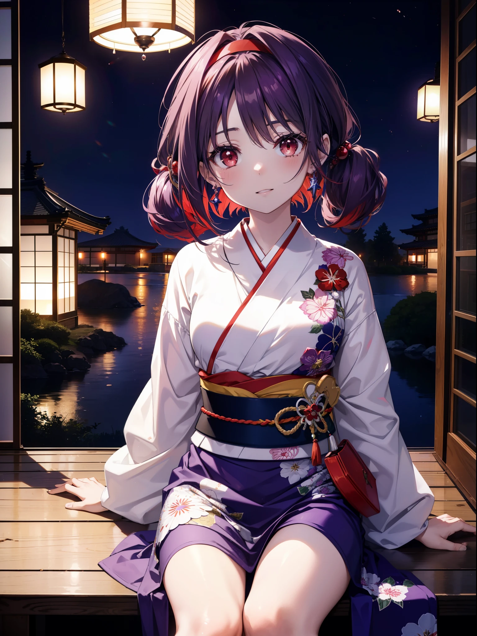 yuukikonno, Yuuki Konno, hair band, Long Hair, Pointed Ears, Purple Hair, Ahoge,(Red eyes:1.5), (Small breasts:1.2),low twin tail,smile,blush,Open your mouth,Purple Kimono,Purple long skirt,Fireworks in the night sky,Fireworks,The place is a fireworks display,Time is night,sunny day,Sitting on a bench,Red watermelon cut into triangles placed on a bench,Wind Chimes,whole bodyがイラストに入るよう,
break looking at viewer, , whole body, (Cowboy Shot:1. 5)
break indoors, Veranda,Japanese garden,
break (masterpiece:1.2), Highest quality, High resolution, unity 8k wallpaper, (figure:0.8), (Beautiful attention to detail:1.6), Highly detailed face, Perfect lighting, Highly detailed CG, (Perfect hands, Perfect Anatomy),