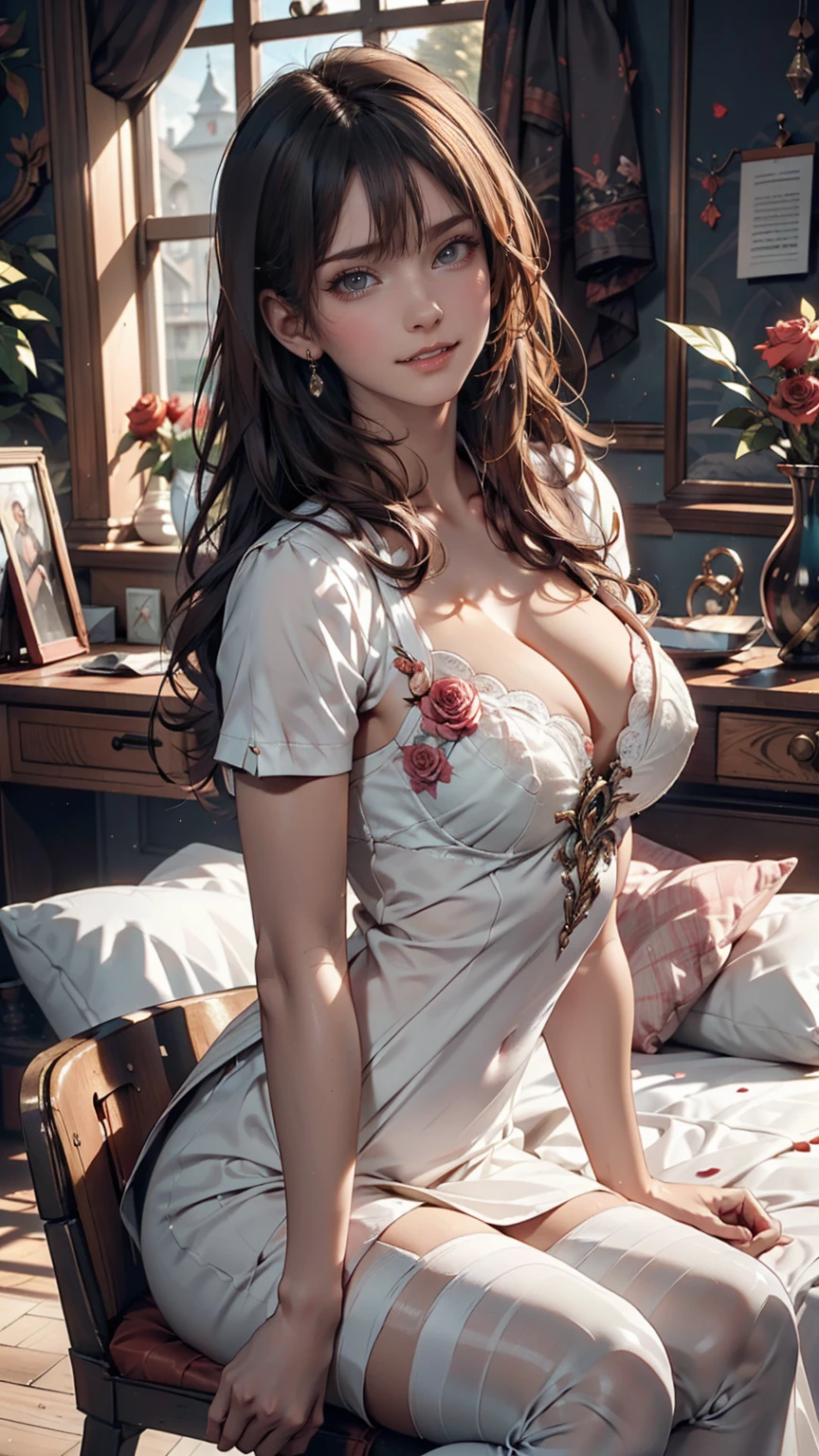 Florence Nightingale, (Ballet Costumes), Sitting in a chair, Smiling for the camera, White formal shirt, Loose collar button, Swollen nipples, Long, loose hair, (Delicate illustrations: 1.4), (Renaissance art: 1.4), (Ultra-high resolution: 1.2), (Photorealism: 1.4), (8k, RAW Photos: 1.2), (Soft Focus: 1.4), ( 18-year-old: 1.3), (Sharp focus: 1.4), Beautiful face with attention to detail, Pure rose face_v1、Sexy proportions、Sexy、Narrow waist