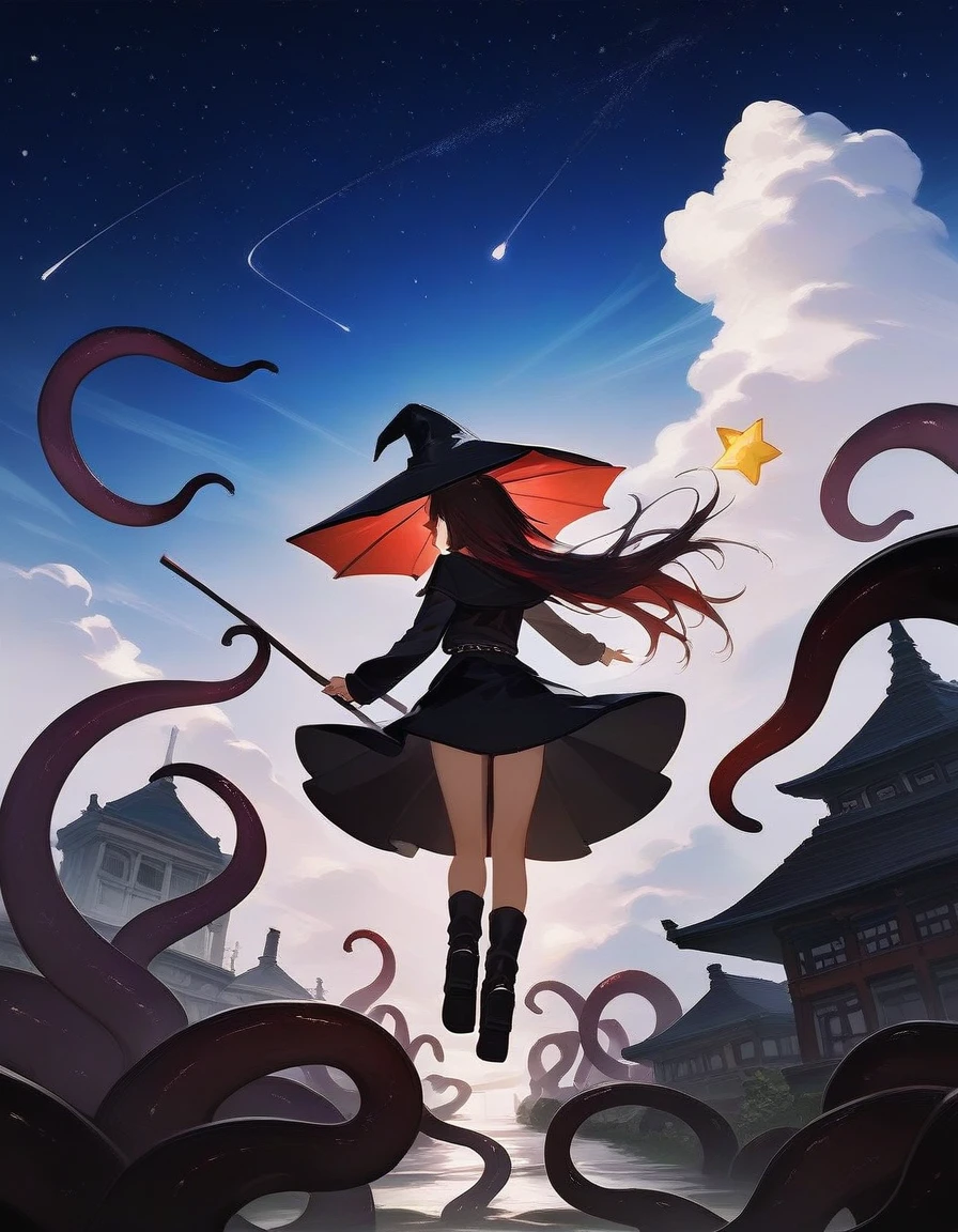 (Fraction_9,Fraction_8_up,Fraction_7_up,Fraction_6_up,Fraction_5_Direction_4_up),1girl,have,witch_have,long_hair,Sky,Tentacles,Solitary,skirt,Keep,Star_(Sky),cloud,witch,Black_Headdress,scylla,long_sleeve,monster_girl,Black_skirt,Keep_umbrella,floating_hair,Starry_Sky,umbrella,Red_hair,floating,Keep_Sticks,Suck_cups,from_behind,Sticks,full_Body,outdoor,