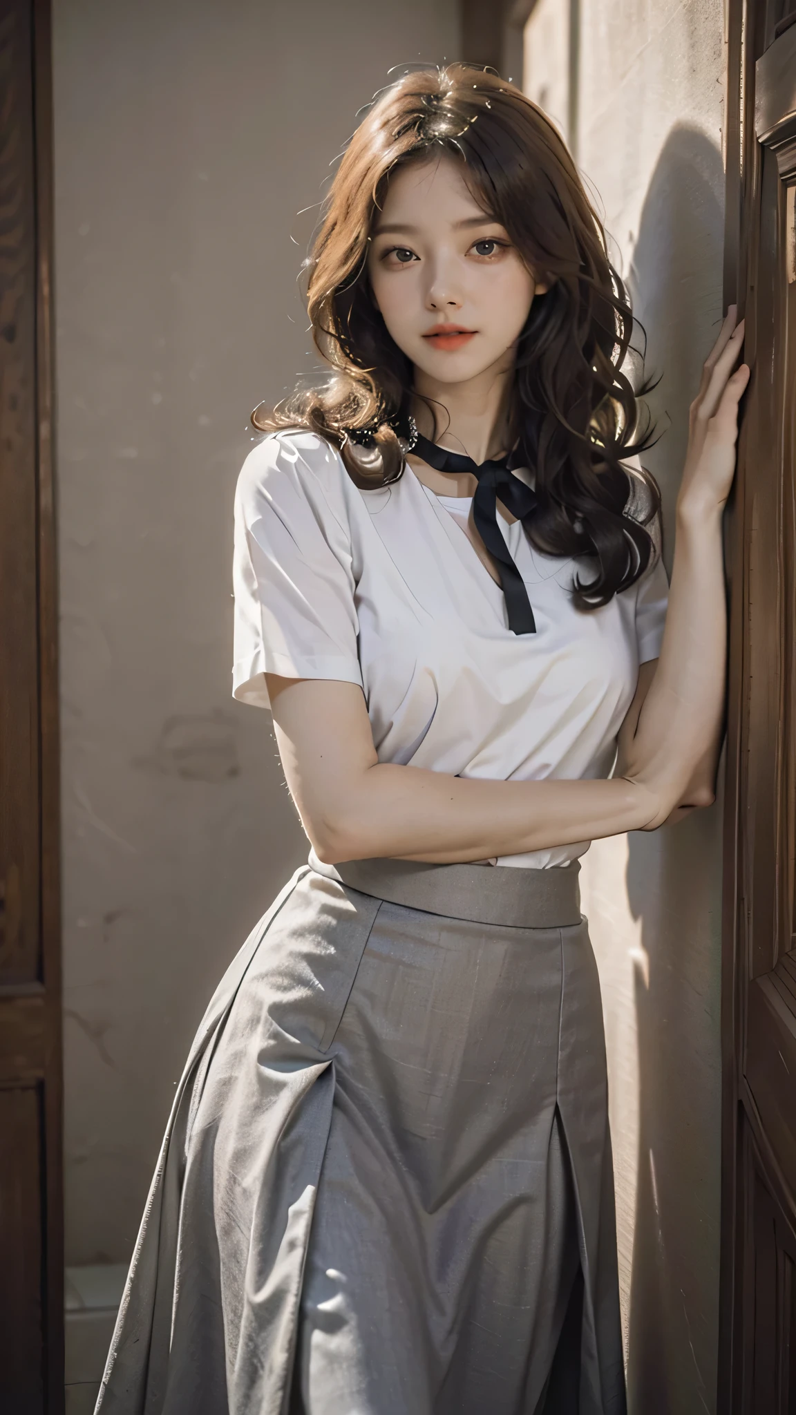 detailed background, masterpiece, best quality, 1 person , curly hair, long hair, purple eyes, star in eye , gray Strap blouse, long skirt,