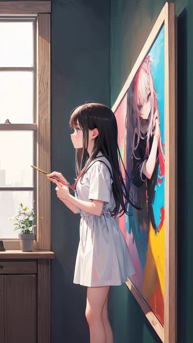 beautiful girl(Art room On Canvas(Crucifixion Grand Slam Color grid line drawing)Looking at the canvas holding the brush)