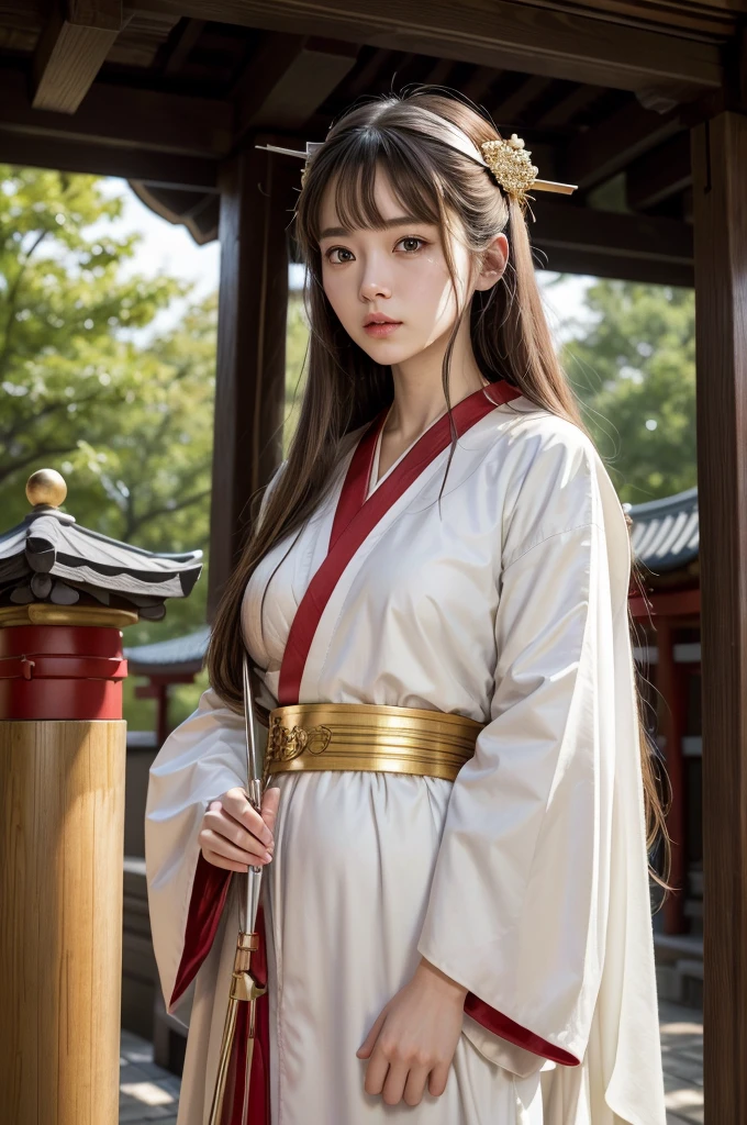 White Robe, Red line from shoulder to hip, a shinto shrine maiden, detailed face, detailed eyes, detailed lips, long straight brown hair, gold simple thin hair band, conservative outfit, holding silver scissors, standing in a shrine courtyard, upper body closeup, high quality, digital art, photorealistic, dramatic lighting, cinematic, masterpiece