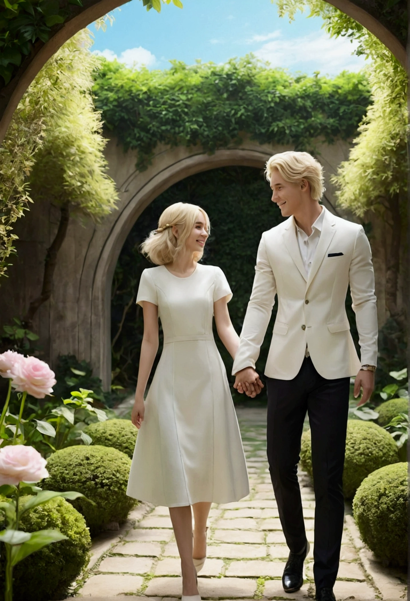 background, Fantasy, wonderful, Fantasy, garden, future, Young and beautiful men and women、Holding hands and getting along、smile at each other、white men and women、The woman is blonde、The man is brunette、近future的な服装、The hairstyle is also stylish。